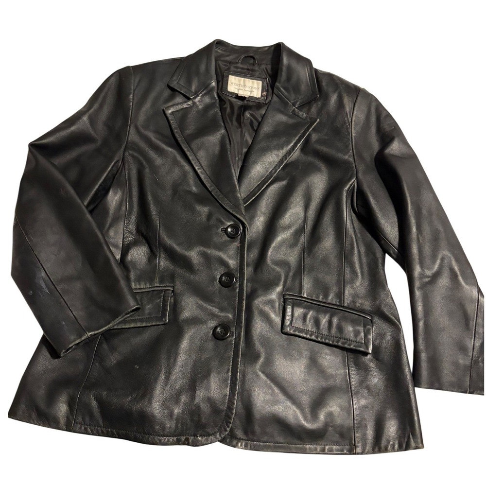Worthington Black Genuine Lambskin Leather Blazer Jacket‎ Petite Large 3-Button